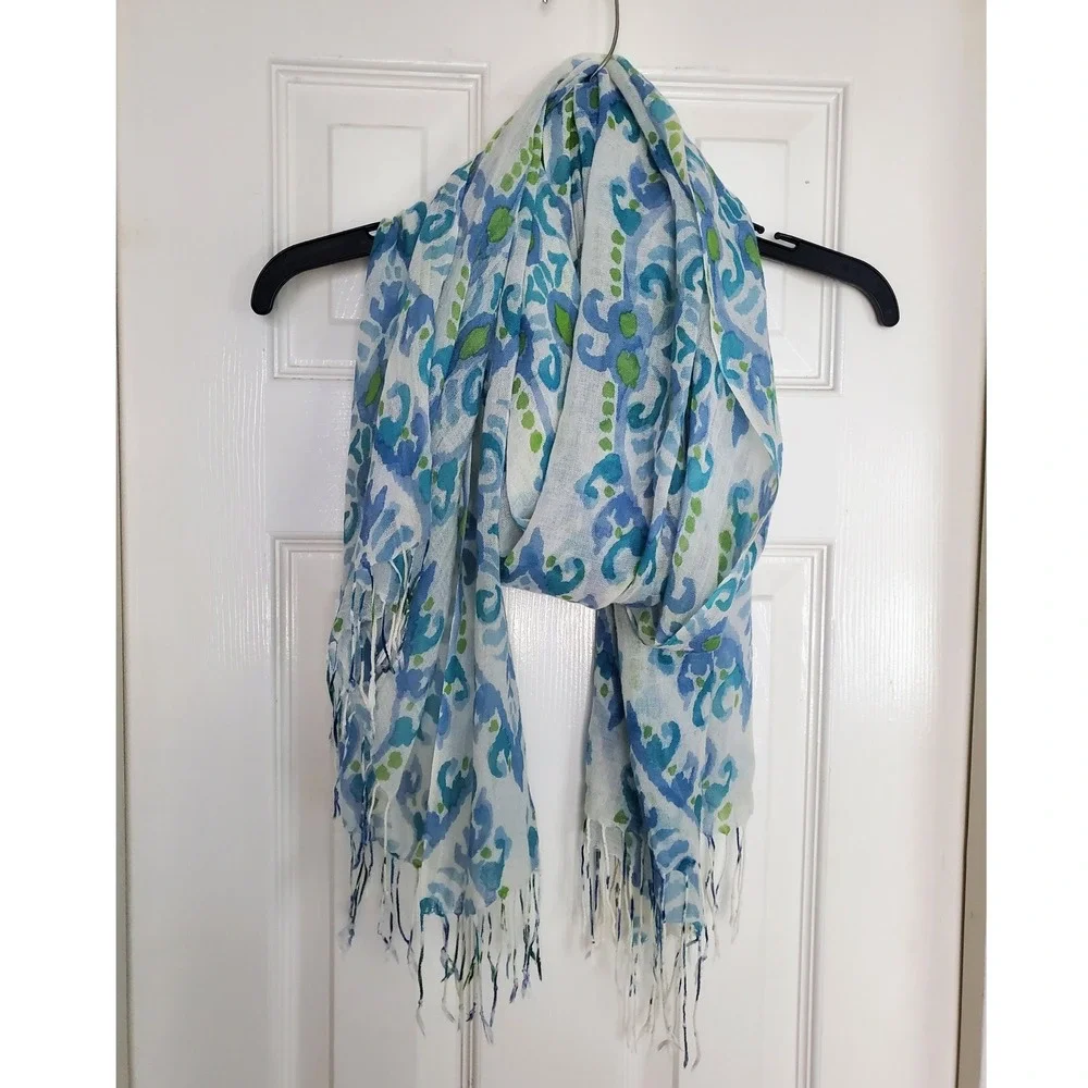 Lightweight Scarf Blue Green White Paisley Fringed Wool Modal Blend Boho Wrap OS
